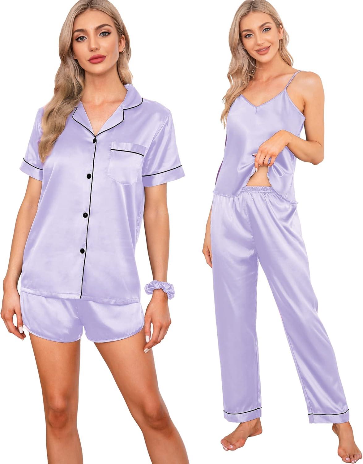 imageSWOMOG Womens Silk Satin Pajamas Sets 7pcs Sleepwear Sexy Cami Shorts Set and Button Down Short Sleeve Satin PjsLavender