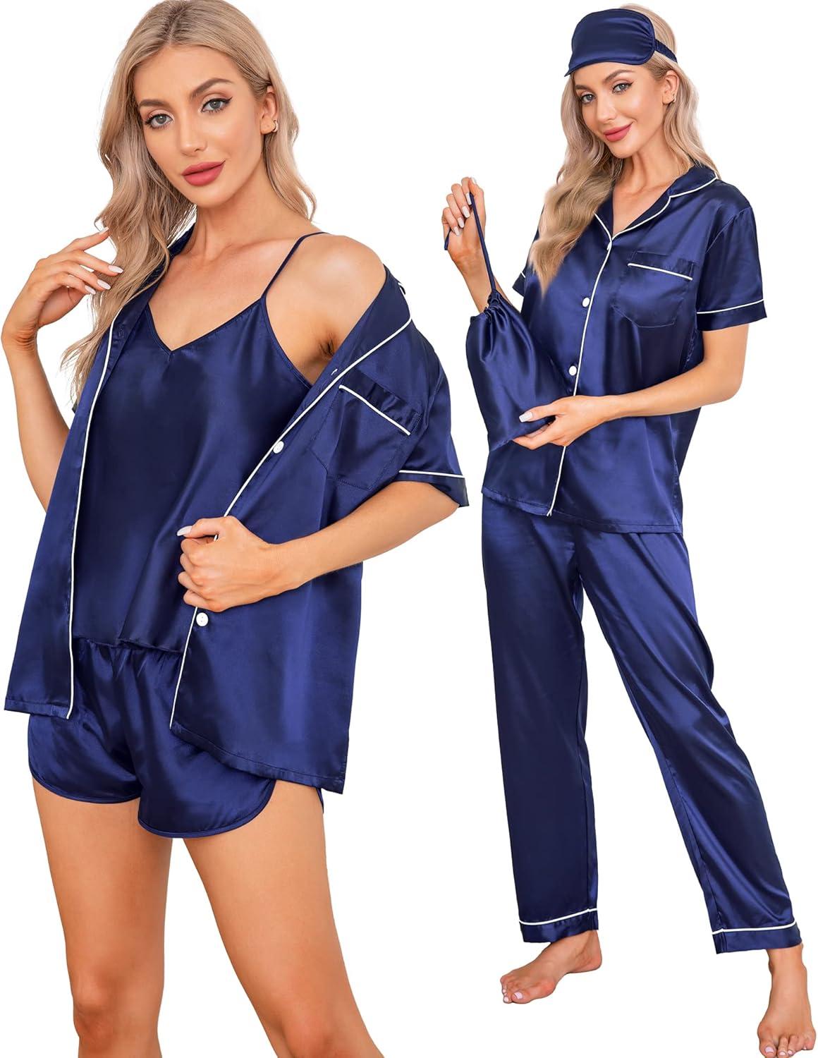 imageSWOMOG Womens Silk Satin Pajamas Sets 7pcs Sleepwear Sexy Cami Shorts Set and Button Down Short Sleeve Satin PjsNavy Blue