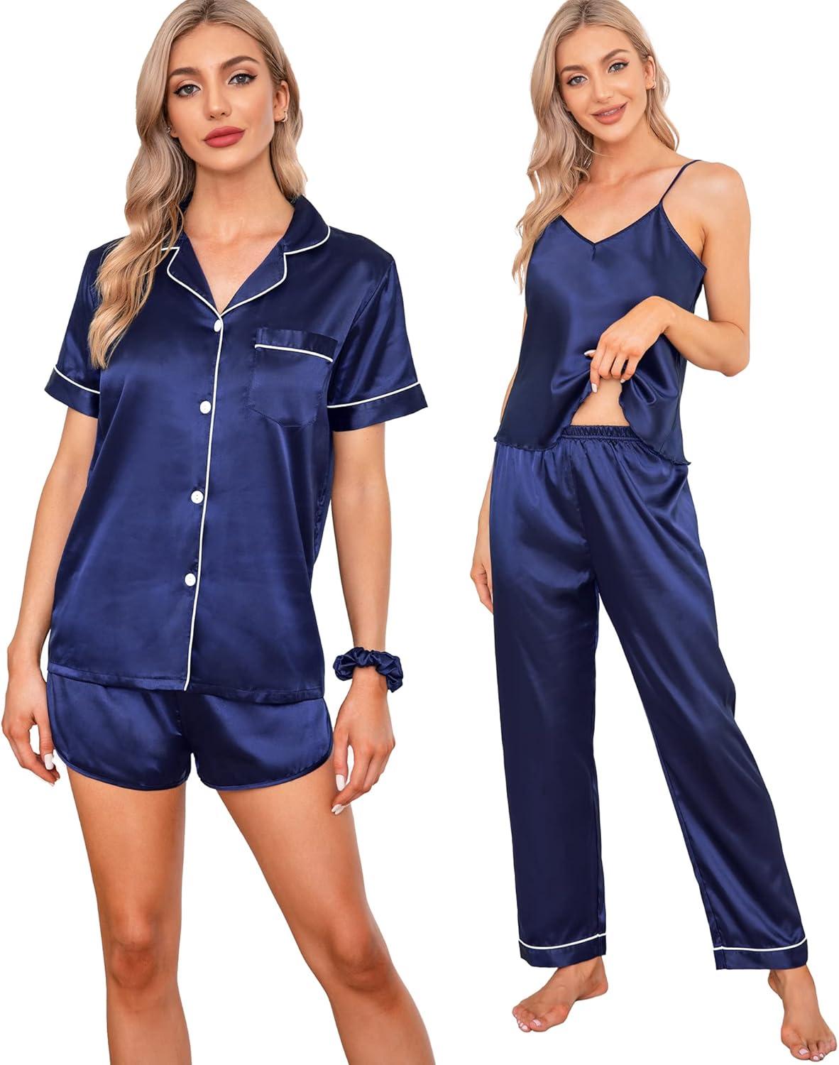 imageSWOMOG Womens Silk Satin Pajamas Sets 7pcs Sleepwear Sexy Cami Shorts Set and Button Down Short Sleeve Satin PjsNavy Blue