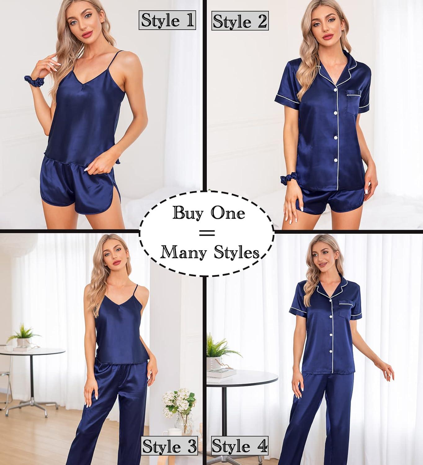 imageSWOMOG Womens Silk Satin Pajamas Sets 7pcs Sleepwear Sexy Cami Shorts Set and Button Down Short Sleeve Satin PjsNavy Blue