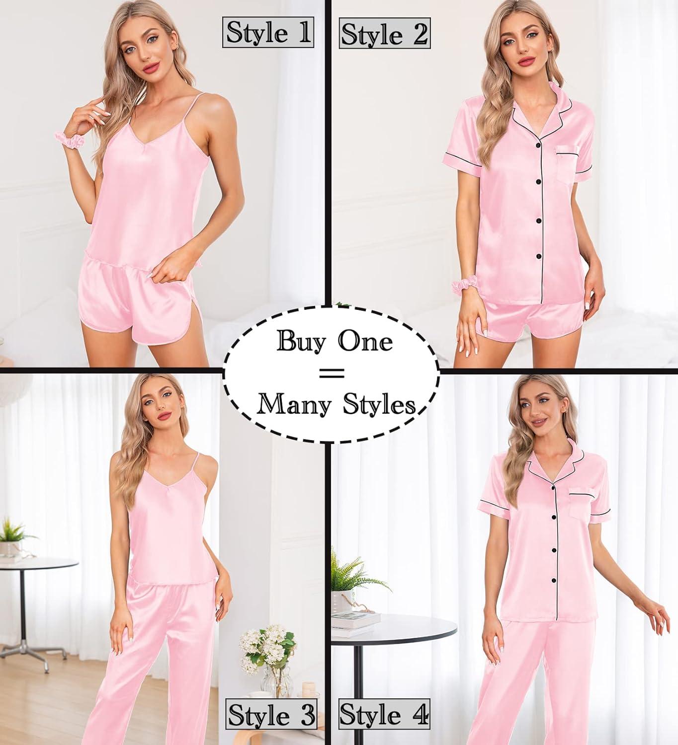 imageSWOMOG Womens Silk Satin Pajamas Sets 7pcs Sleepwear Sexy Cami Shorts Set and Button Down Short Sleeve Satin PjsPink