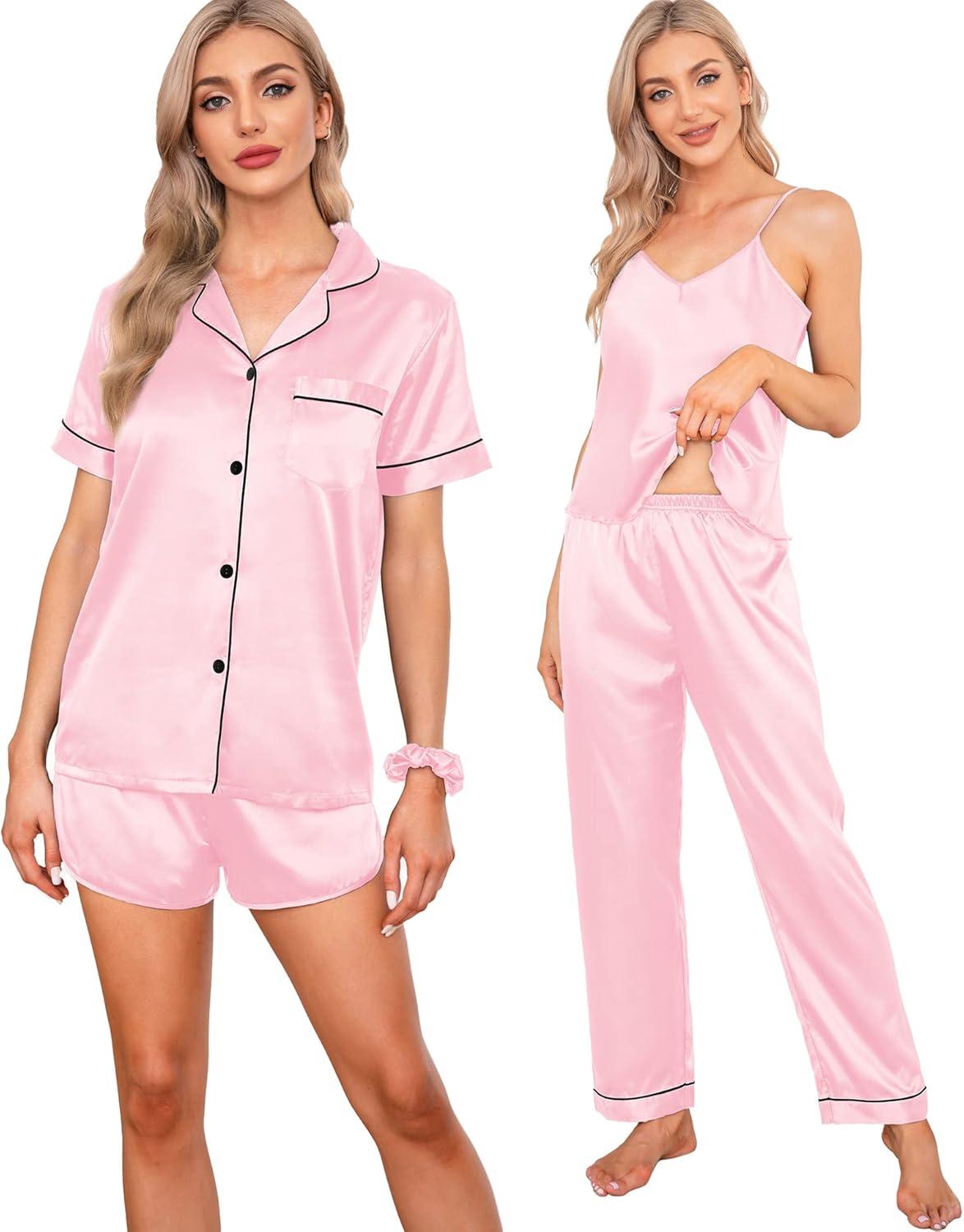 imageSWOMOG Womens Silk Satin Pajamas Sets 7pcs Sleepwear Sexy Cami Shorts Set and Button Down Short Sleeve Satin PjsPink