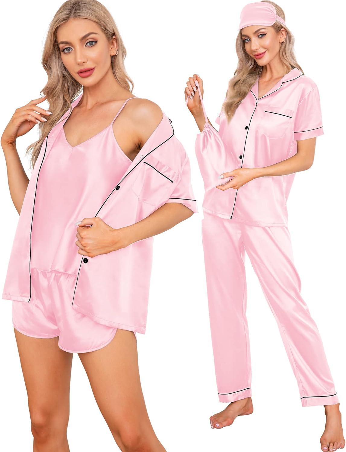 imageSWOMOG Womens Silk Satin Pajamas Sets 7pcs Sleepwear Sexy Cami Shorts Set and Button Down Short Sleeve Satin PjsPink