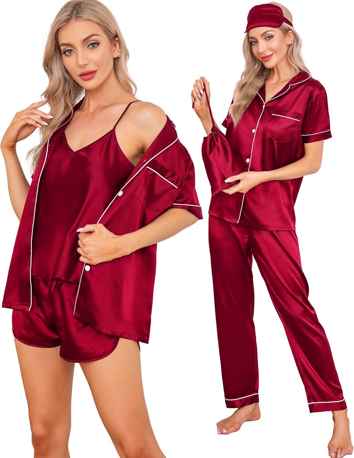 imageSWOMOG Womens Silk Satin Pajamas Sets 7pcs Sleepwear Sexy Cami Shorts Set and Button Down Short Sleeve Satin PjsRed
