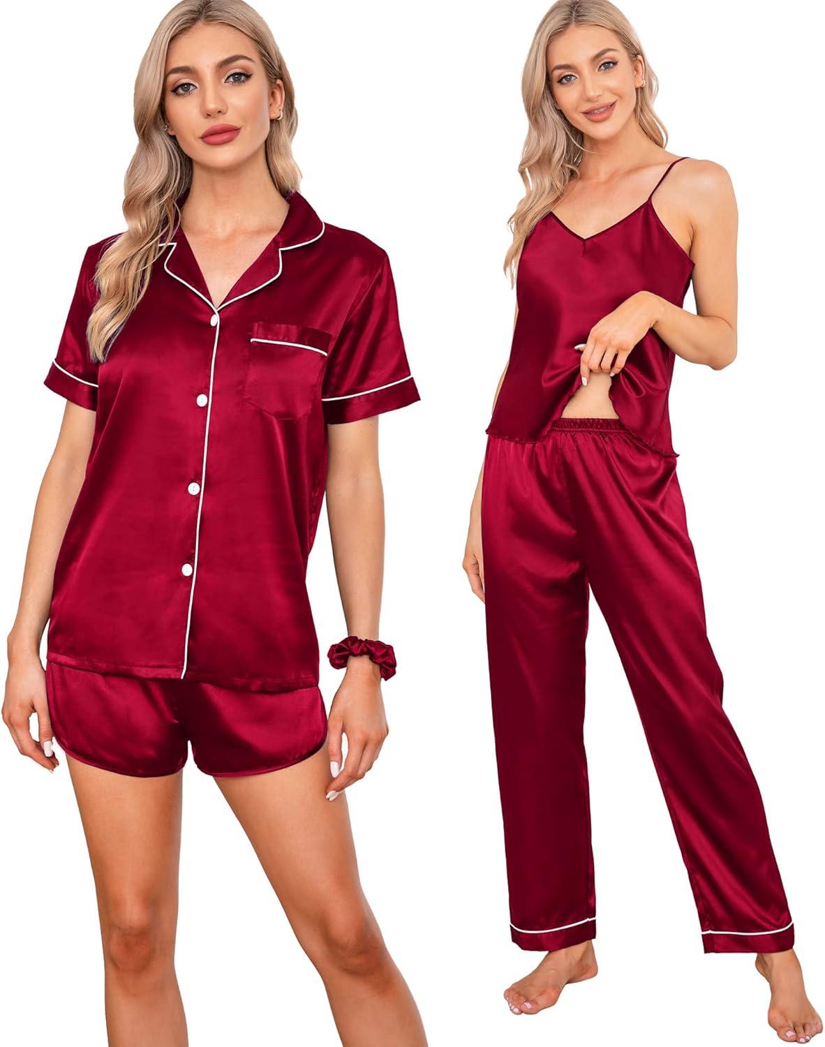 imageSWOMOG Womens Silk Satin Pajamas Sets 7pcs Sleepwear Sexy Cami Shorts Set and Button Down Short Sleeve Satin PjsRed
