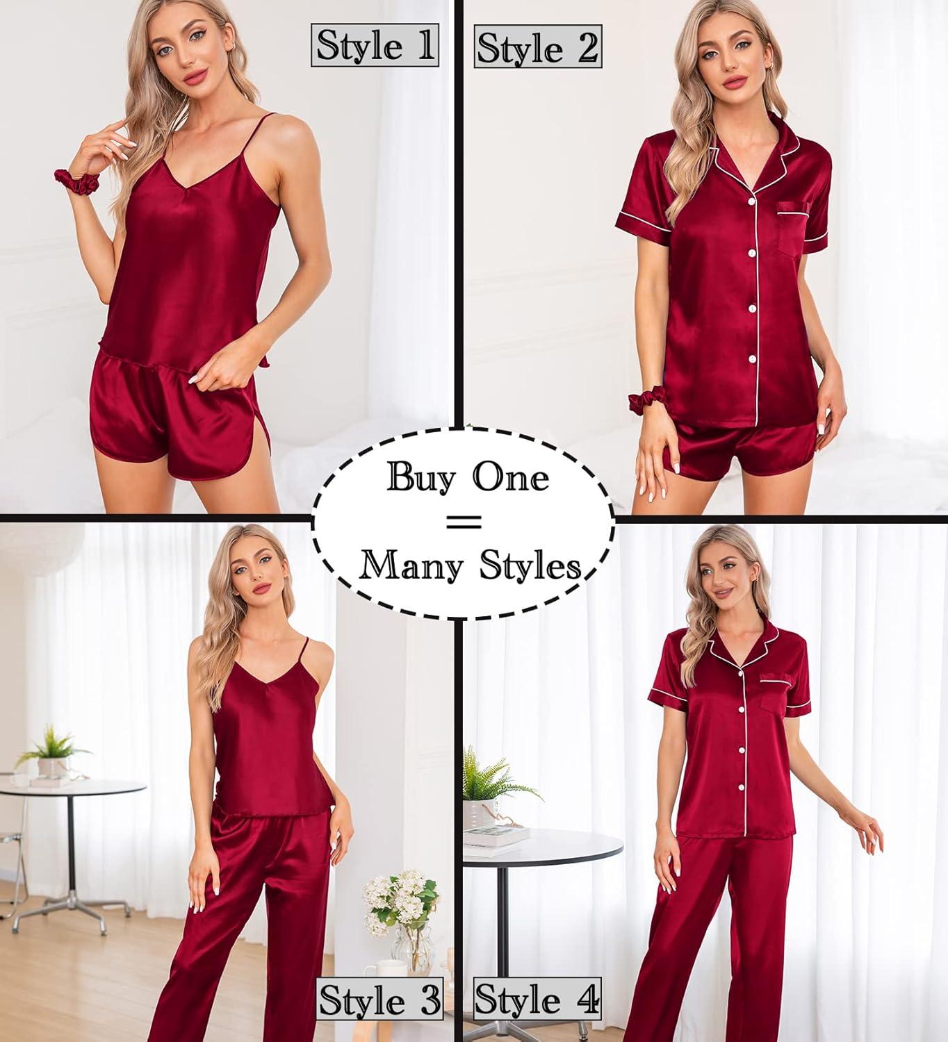 imageSWOMOG Womens Silk Satin Pajamas Sets 7pcs Sleepwear Sexy Cami Shorts Set and Button Down Short Sleeve Satin PjsRed