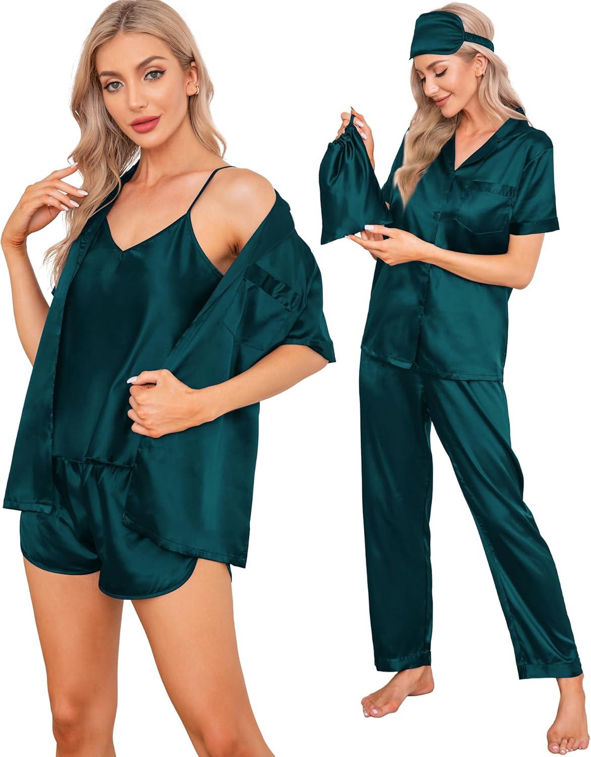 imageSWOMOG Womens Silk Satin Pajamas Sets 7pcs Sleepwear Sexy Cami Shorts Set and Button Down Short Sleeve Satin PjsSolid Deep Green