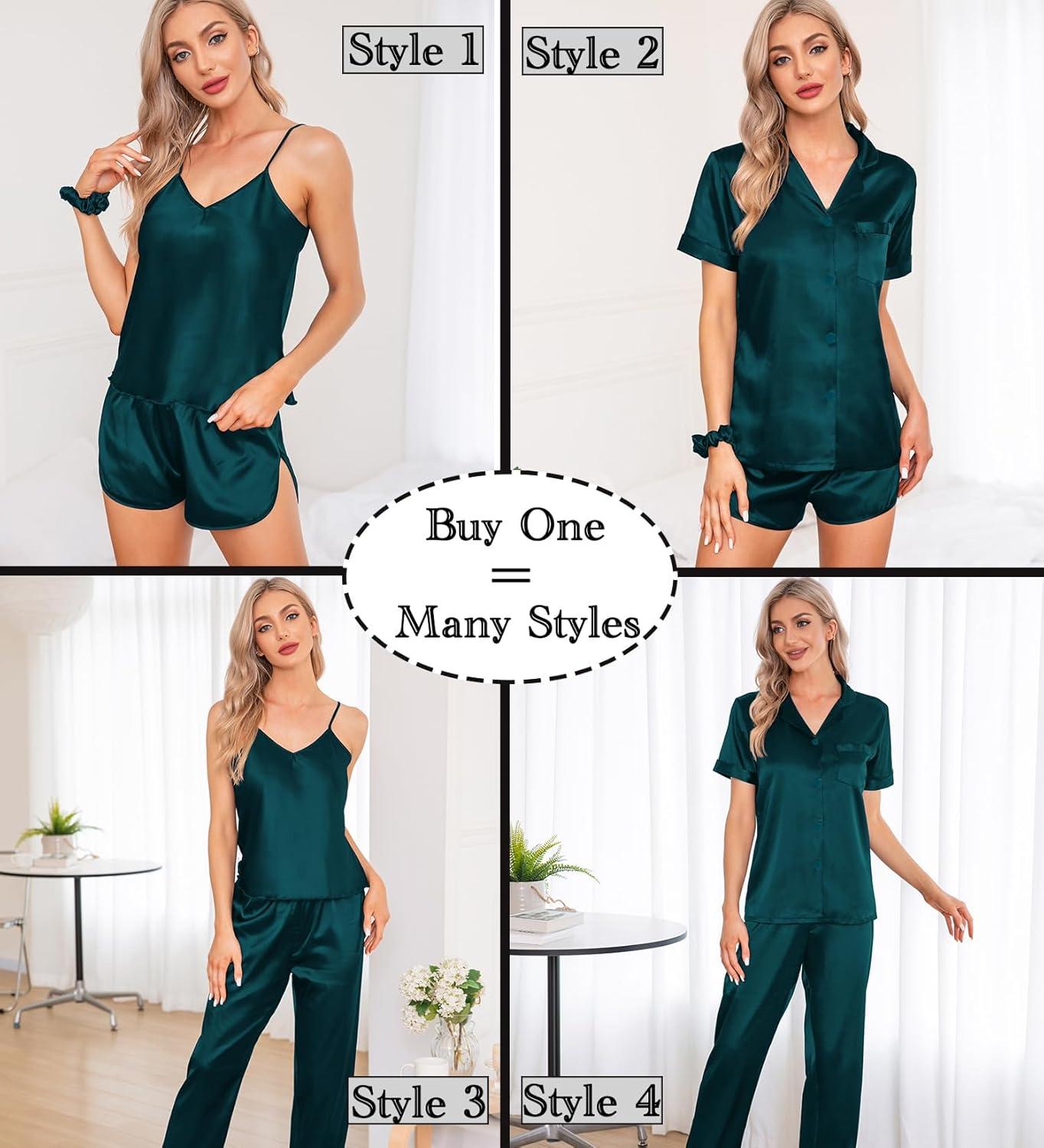 imageSWOMOG Womens Silk Satin Pajamas Sets 7pcs Sleepwear Sexy Cami Shorts Set and Button Down Short Sleeve Satin PjsSolid Deep Green