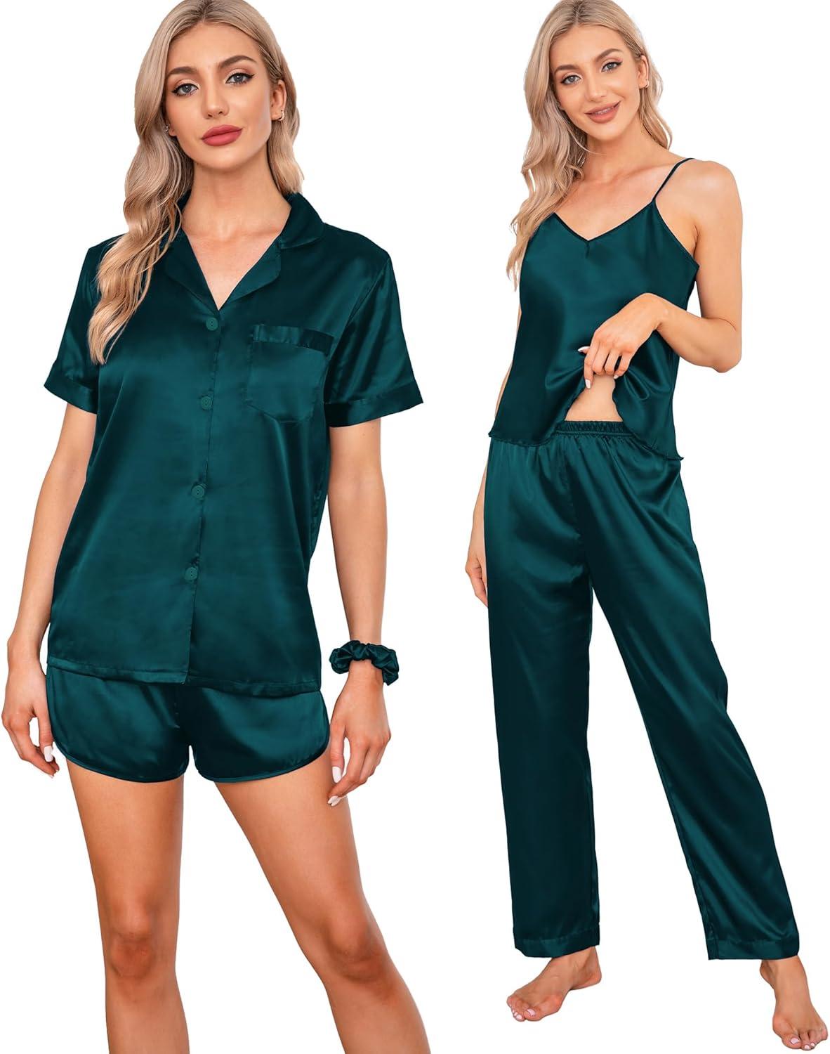 imageSWOMOG Womens Silk Satin Pajamas Sets 7pcs Sleepwear Sexy Cami Shorts Set and Button Down Short Sleeve Satin PjsSolid Deep Green