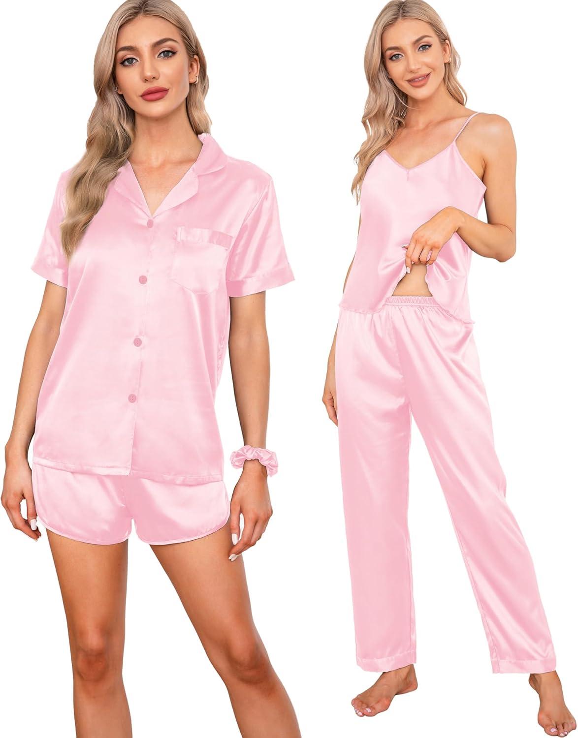 imageSWOMOG Womens Silk Satin Pajamas Sets 7pcs Sleepwear Sexy Cami Shorts Set and Button Down Short Sleeve Satin PjsSolid Pink