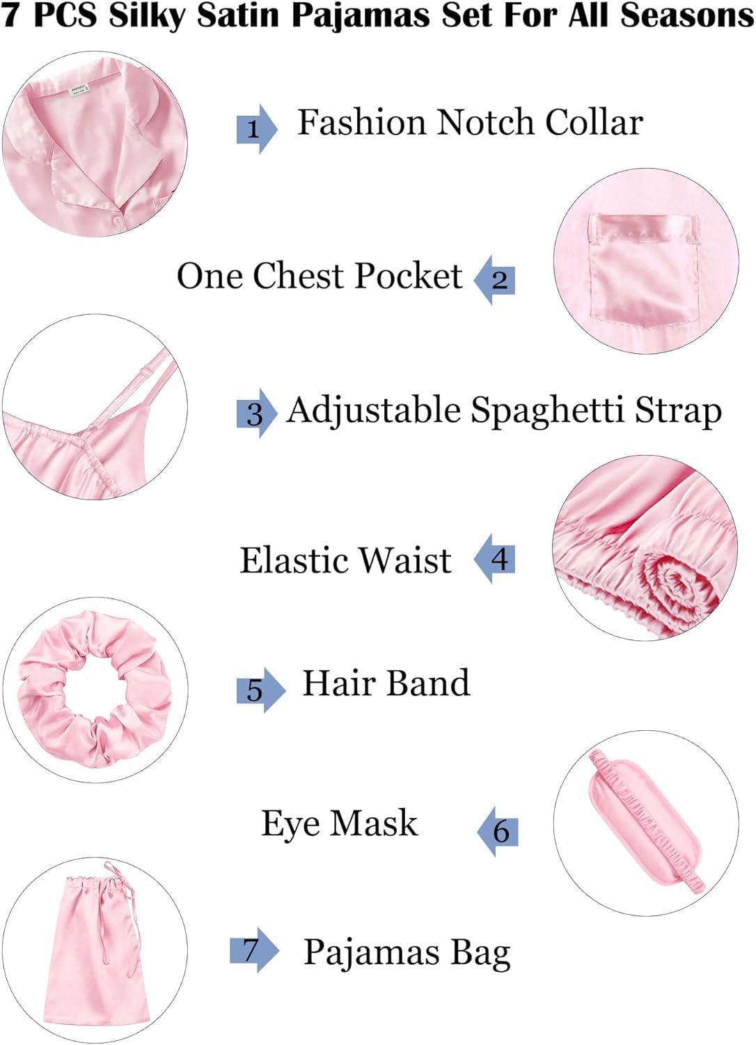imageSWOMOG Womens Silk Satin Pajamas Sets 7pcs Sleepwear Sexy Cami Shorts Set and Button Down Short Sleeve Satin PjsSolid Pink