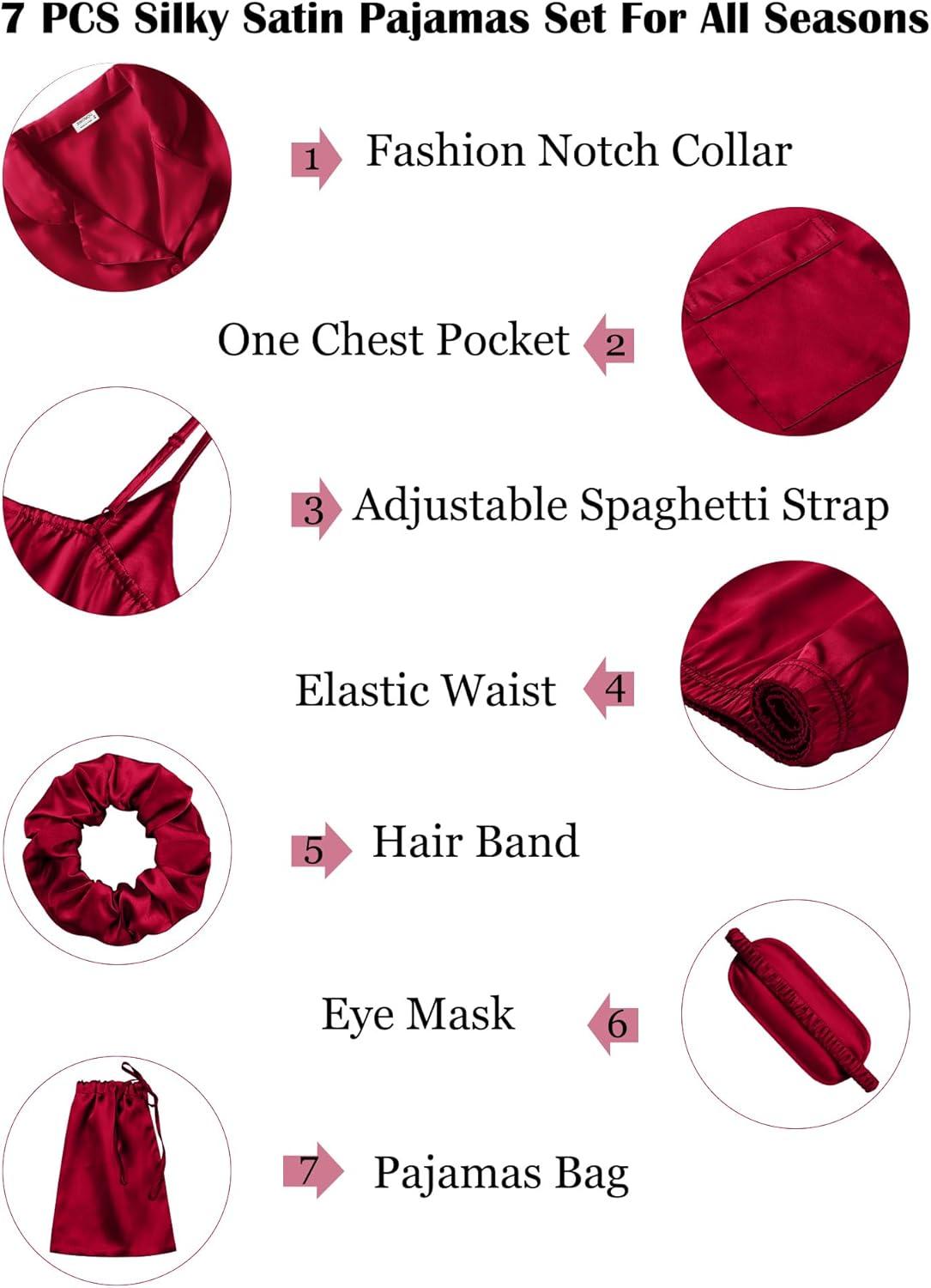 imageSWOMOG Womens Silk Satin Pajamas Sets 7pcs Sleepwear Sexy Cami Shorts Set and Button Down Short Sleeve Satin PjsSolid Red