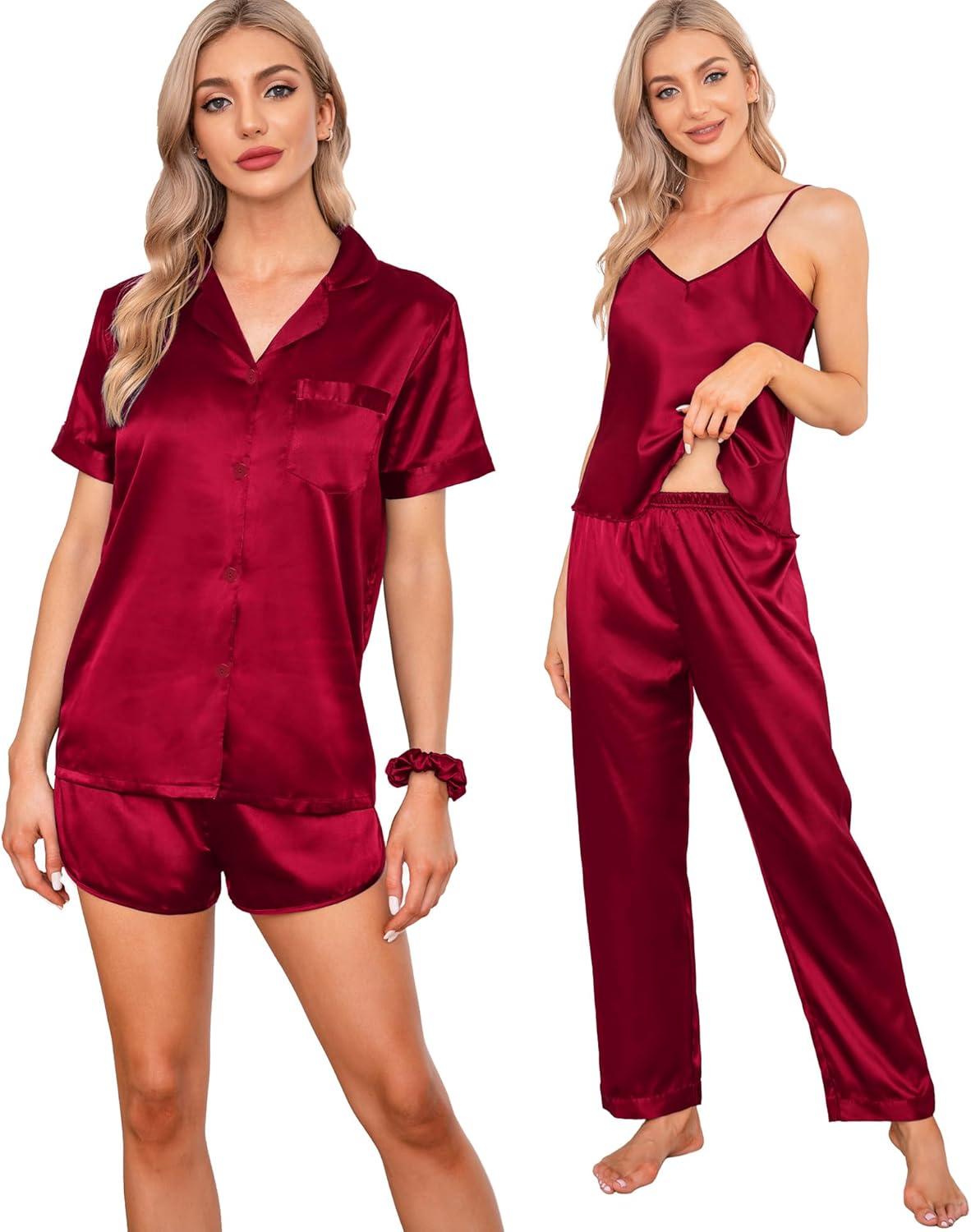 imageSWOMOG Womens Silk Satin Pajamas Sets 7pcs Sleepwear Sexy Cami Shorts Set and Button Down Short Sleeve Satin PjsSolid Red