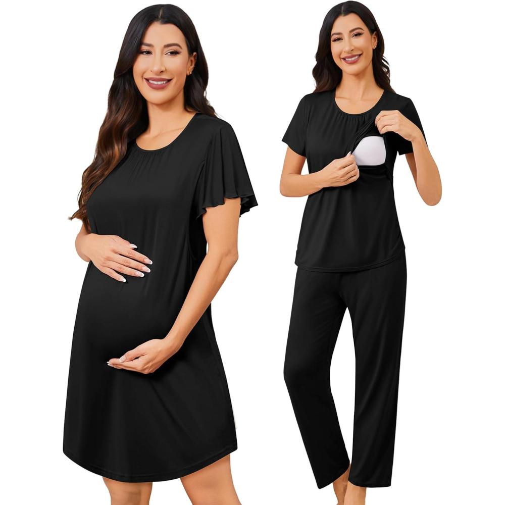 imageSWOMOG 3PCS Maternity Nursing Nightgown amp Pajamas Set Short Sleeve Pjs for Breastfeeding Hospital Pregnancy Lounge SetsBlack