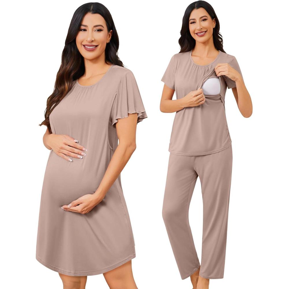 imageSWOMOG 3PCS Maternity Nursing Nightgown amp Pajamas Set Short Sleeve Pjs for Breastfeeding Hospital Pregnancy Lounge SetsLight Brown