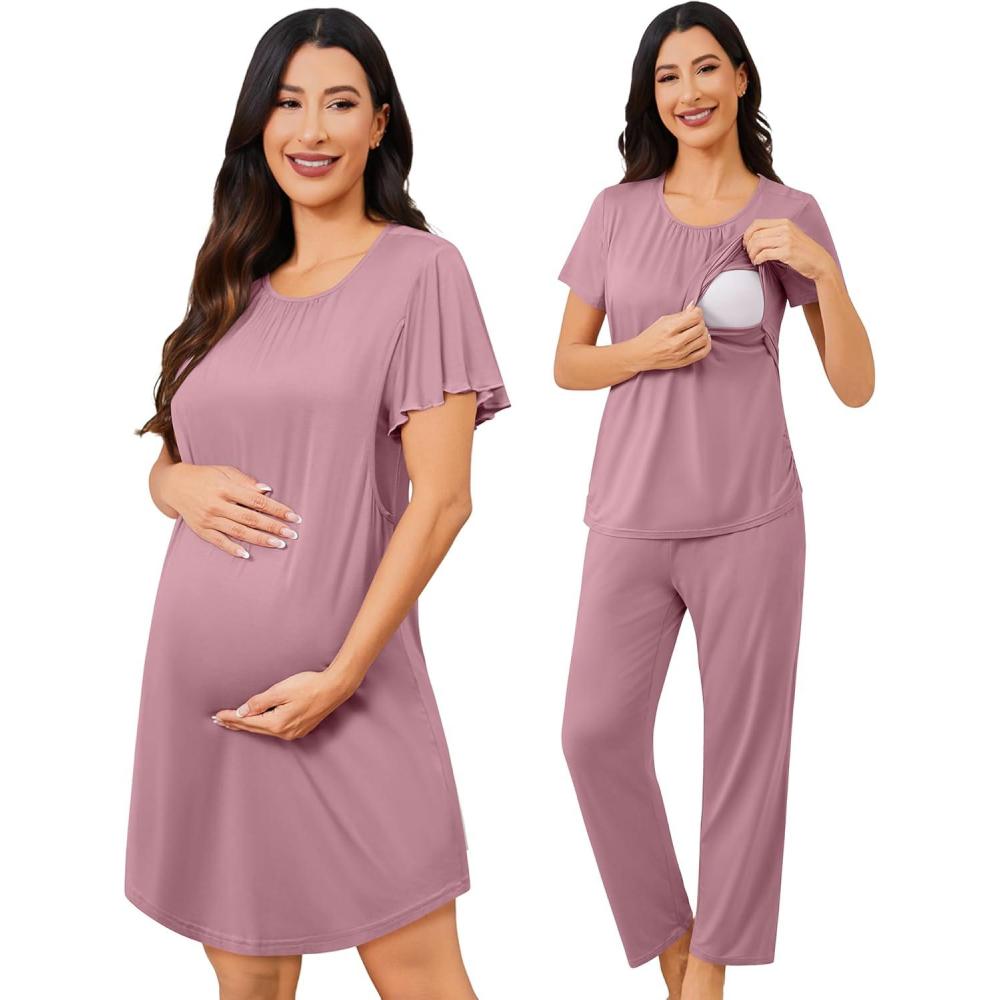 imageSWOMOG 3PCS Maternity Nursing Nightgown amp Pajamas Set Short Sleeve Pjs for Breastfeeding Hospital Pregnancy Lounge SetsTaro Purple