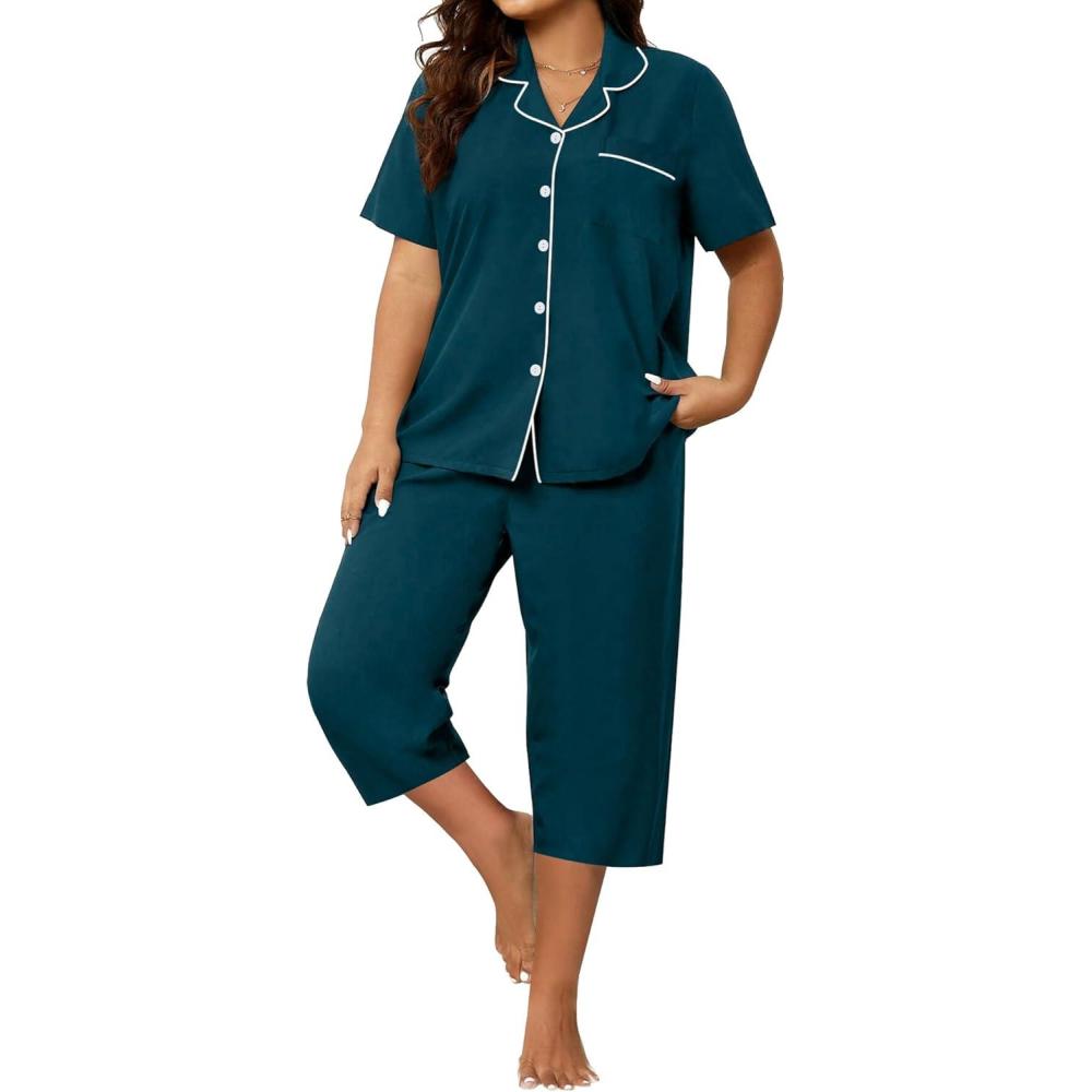 imageSWOMOG Capri Pajama Womens Plus Size Pajamas Set Short Sleeve Button Down Sleepwear Soft Pants Lounge Sets 2Piece PjsBlue Green