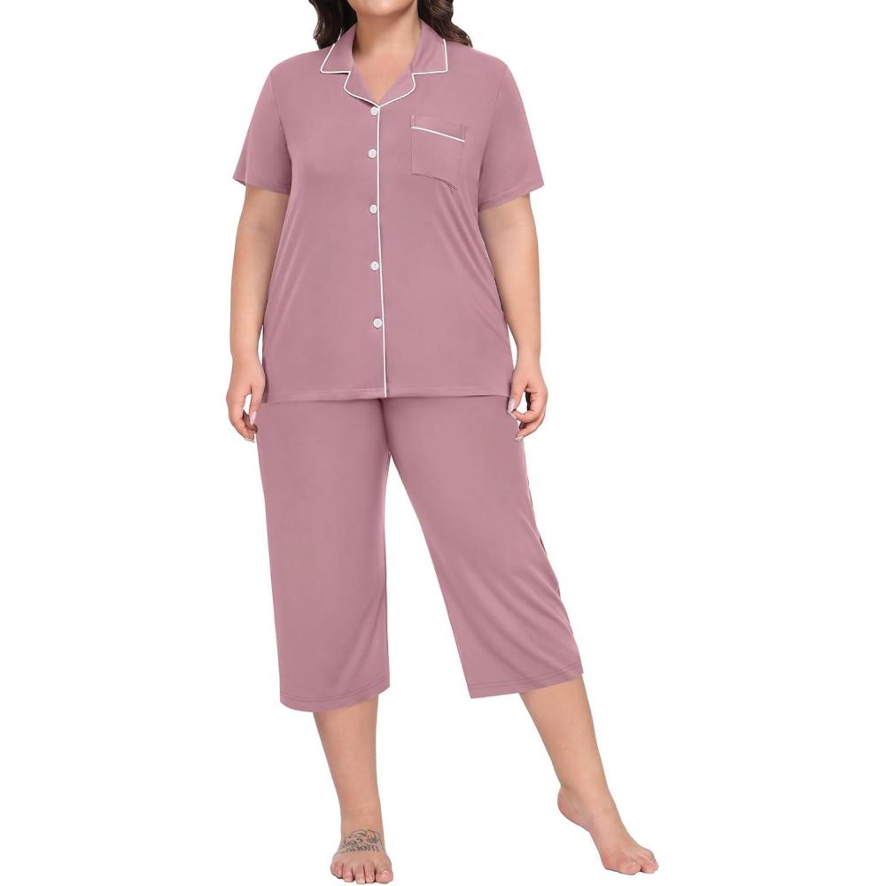 imageSWOMOG Capri Pajama Womens Plus Size Pajamas Set Short Sleeve Button Down Sleepwear Soft Pants Lounge Sets 2Piece PjsTaro Purple