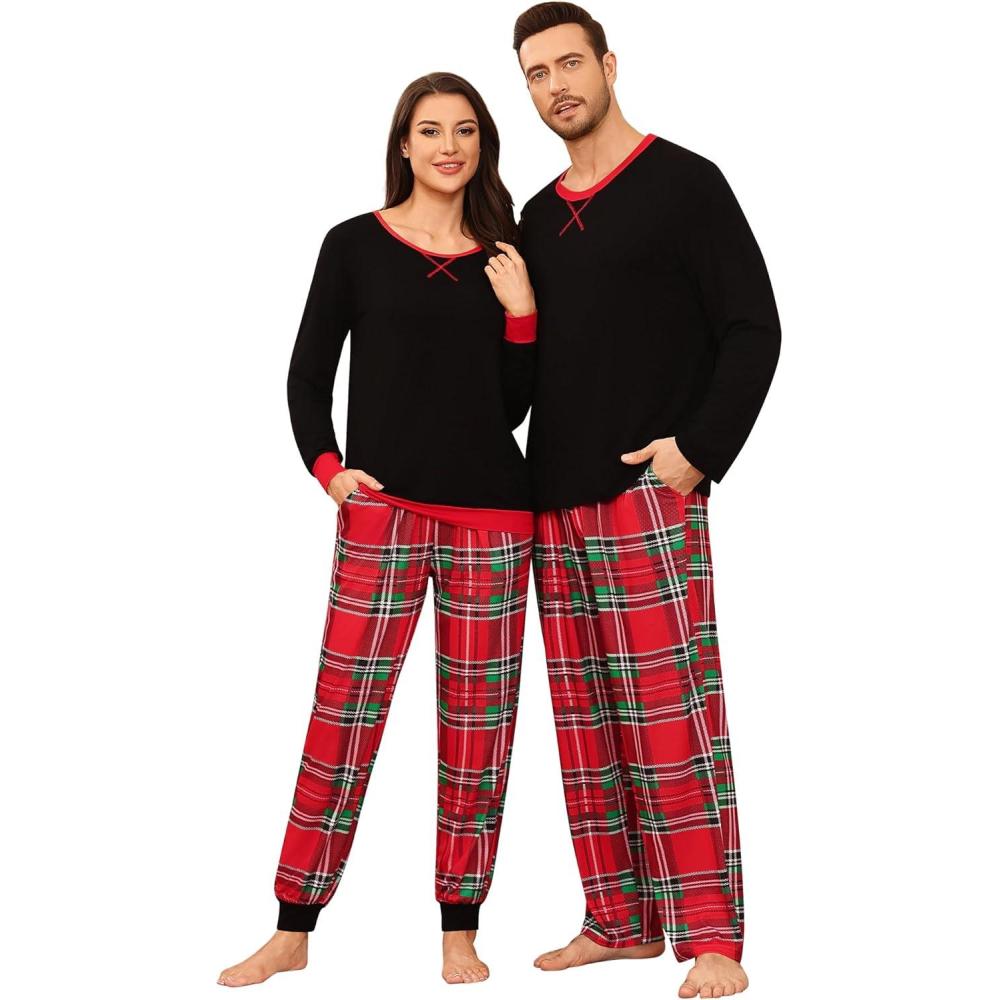 imageSWOMOG Couples Pajama Sets Women amp Men Long Sleeve Sleepwear Top Plaid Pants Loungewear Set with PocketsBig Red Plaid