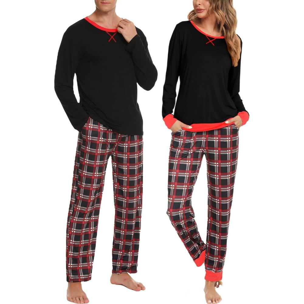 imageSWOMOG Couples Pajama Sets Women amp Men Long Sleeve Sleepwear Top Plaid Pants Loungewear Set with PocketsBlack Black Plaid