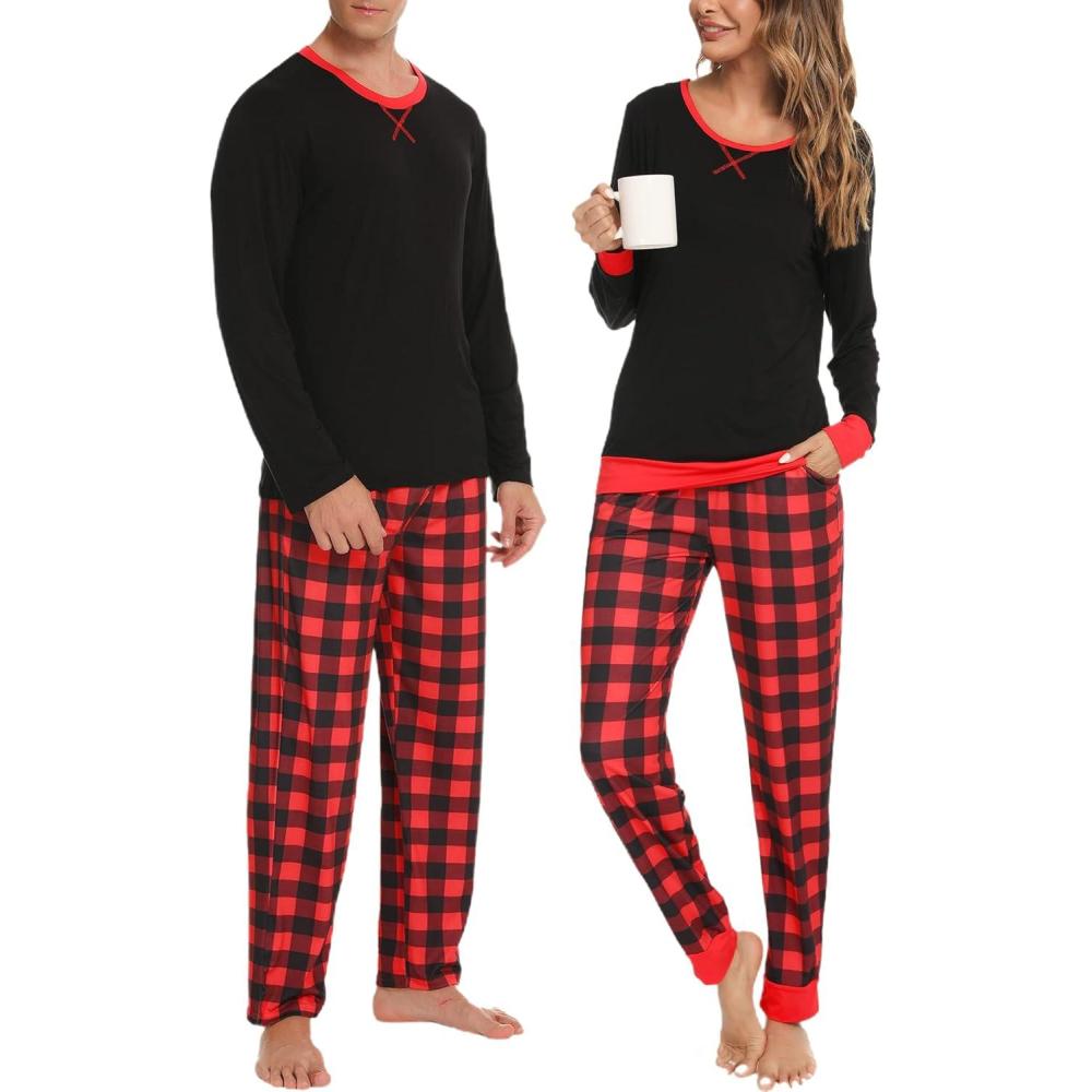 imageSWOMOG Couples Pajama Sets Women amp Men Long Sleeve Sleepwear Top Plaid Pants Loungewear Set with PocketsBlack Red Plaid