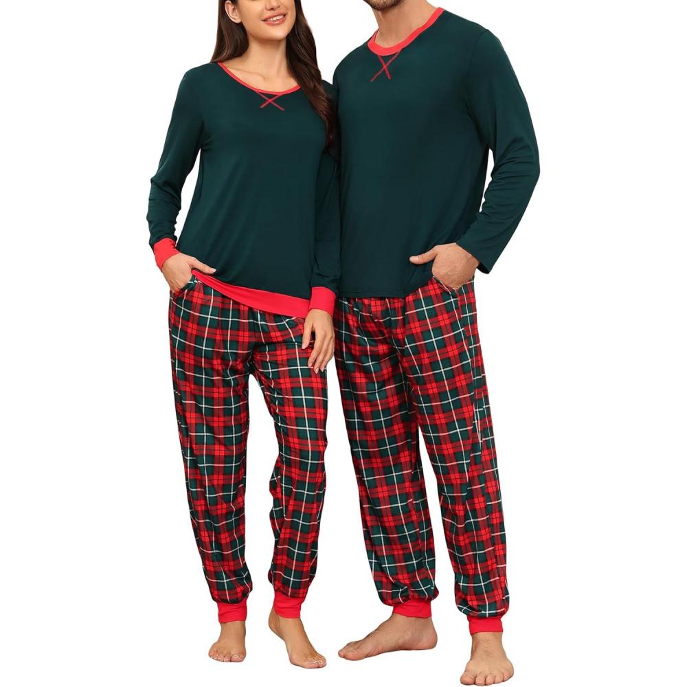 imageSWOMOG Couples Pajama Sets Women amp Men Long Sleeve Sleepwear Top Plaid Pants Loungewear Set with PocketsEmerald Green
