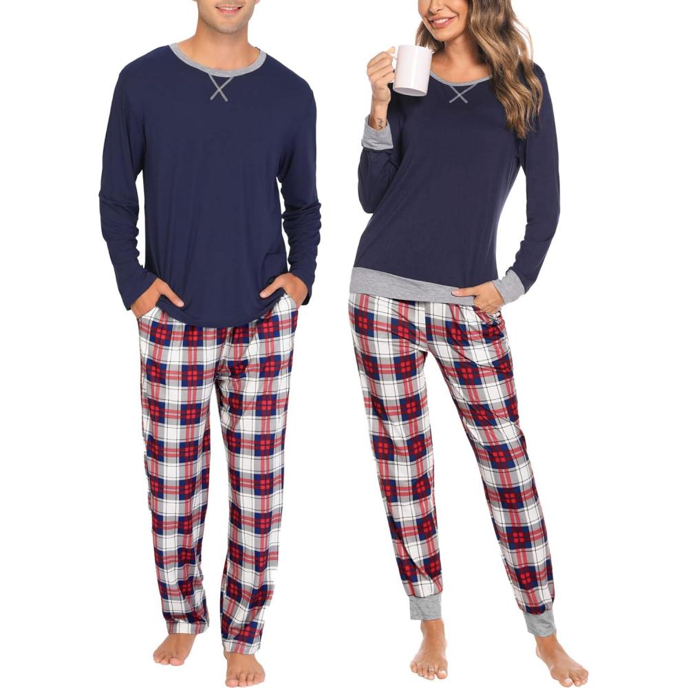 imageSWOMOG Couples Pajama Sets Women amp Men Long Sleeve Sleepwear Top Plaid Pants Loungewear Set with PocketsNavy Blue  Blue Plaid