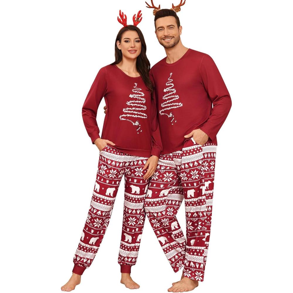 imageSWOMOG Couples Pajama Sets Women amp Men Long Sleeve Sleepwear Top Plaid Pants Loungewear Set with PocketsRed Christmas Tree