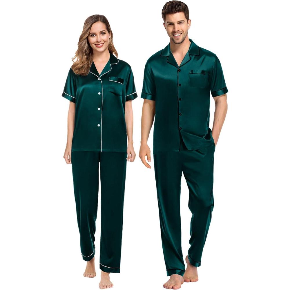 imageSWOMOG Couples Pajamas Sets Women amp Men Satin Short Sleeve Sleepwear Button Down Loungewear Pjs Set with Long PantsDeep Green