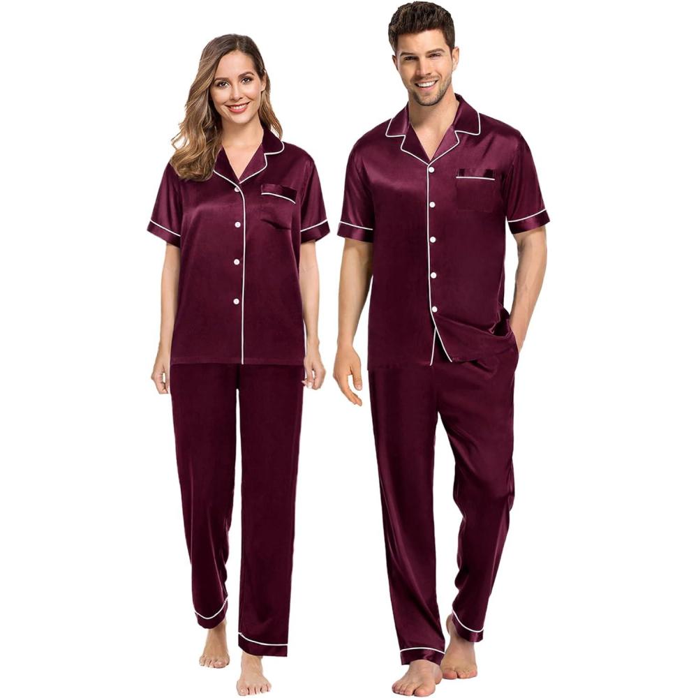 imageSWOMOG Couples Pajamas Sets Women amp Men Satin Short Sleeve Sleepwear Button Down Loungewear Pjs Set with Long PantsDeep Wine Red