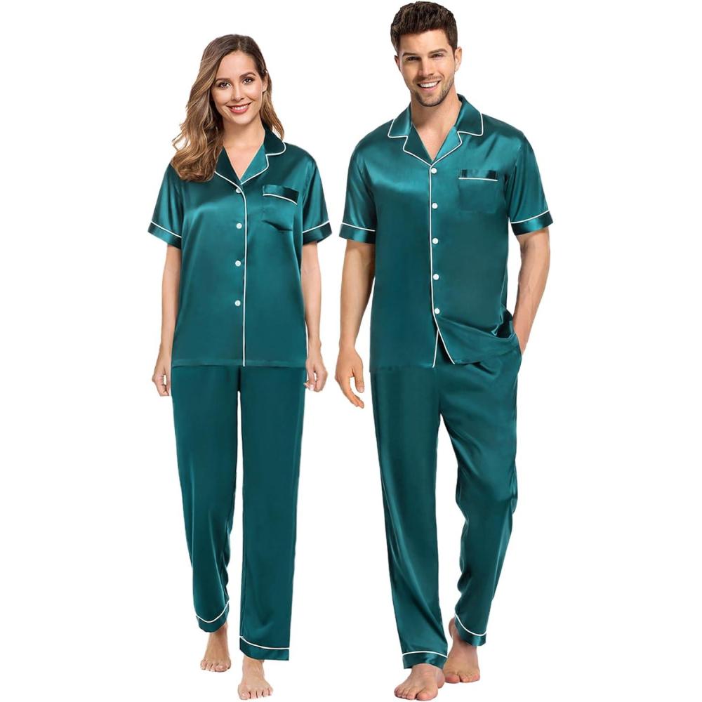 imageSWOMOG Couples Pajamas Sets Women amp Men Satin Short Sleeve Sleepwear Button Down Loungewear Pjs Set with Long PantsGreen