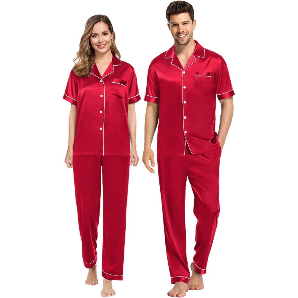 imageSWOMOG Couples Pajamas Sets Women amp Men Satin Short Sleeve Sleepwear Button Down Loungewear Pjs Set with Long PantsRed