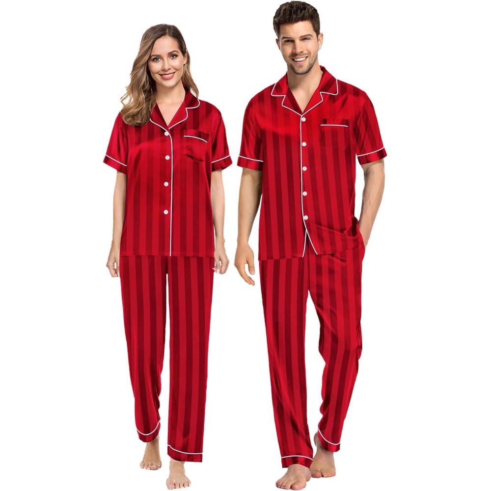 imageSWOMOG Couples Pajamas Sets Women amp Men Satin Short Sleeve Sleepwear Button Down Loungewear Pjs Set with Long PantsRed Stripes