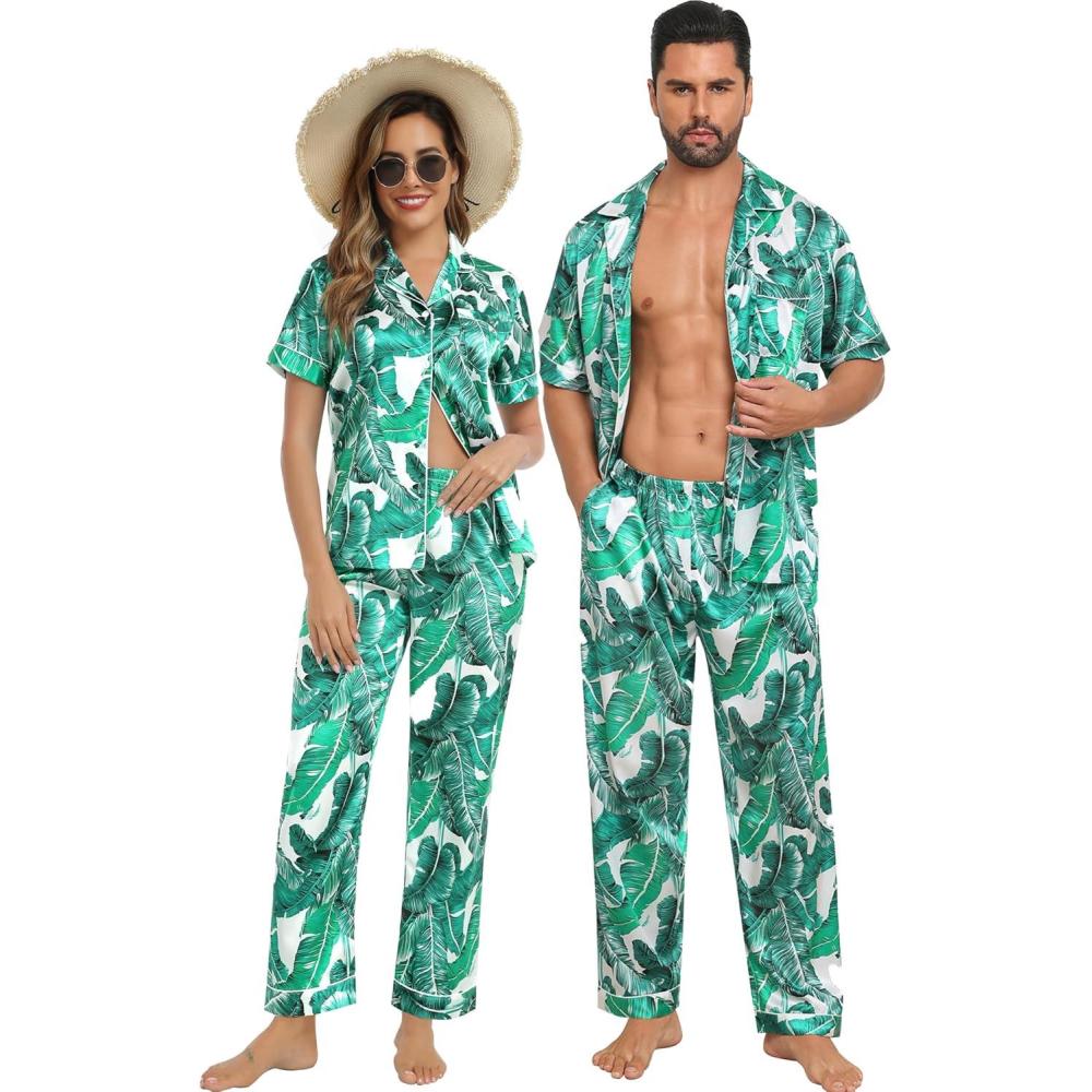 imageSWOMOG Couples Pajamas Sets Women amp Men Satin Short Sleeve Sleepwear Button Down Loungewear Pjs Set with Long PantsWhite Leaves