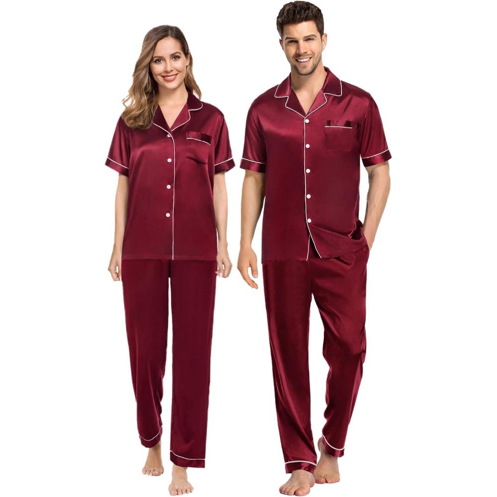 imageSWOMOG Couples Pajamas Sets Women amp Men Satin Short Sleeve Sleepwear Button Down Loungewear Pjs Set with Long PantsWine Red