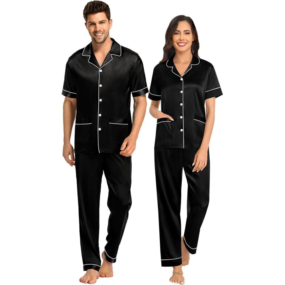 imageSWOMOG Couples Pajamas Sets Women amp Men Satin Short Sleeve Sleepwear Button Down Loungewear Pjs Set with Long PantsZ Black 2 Pockets