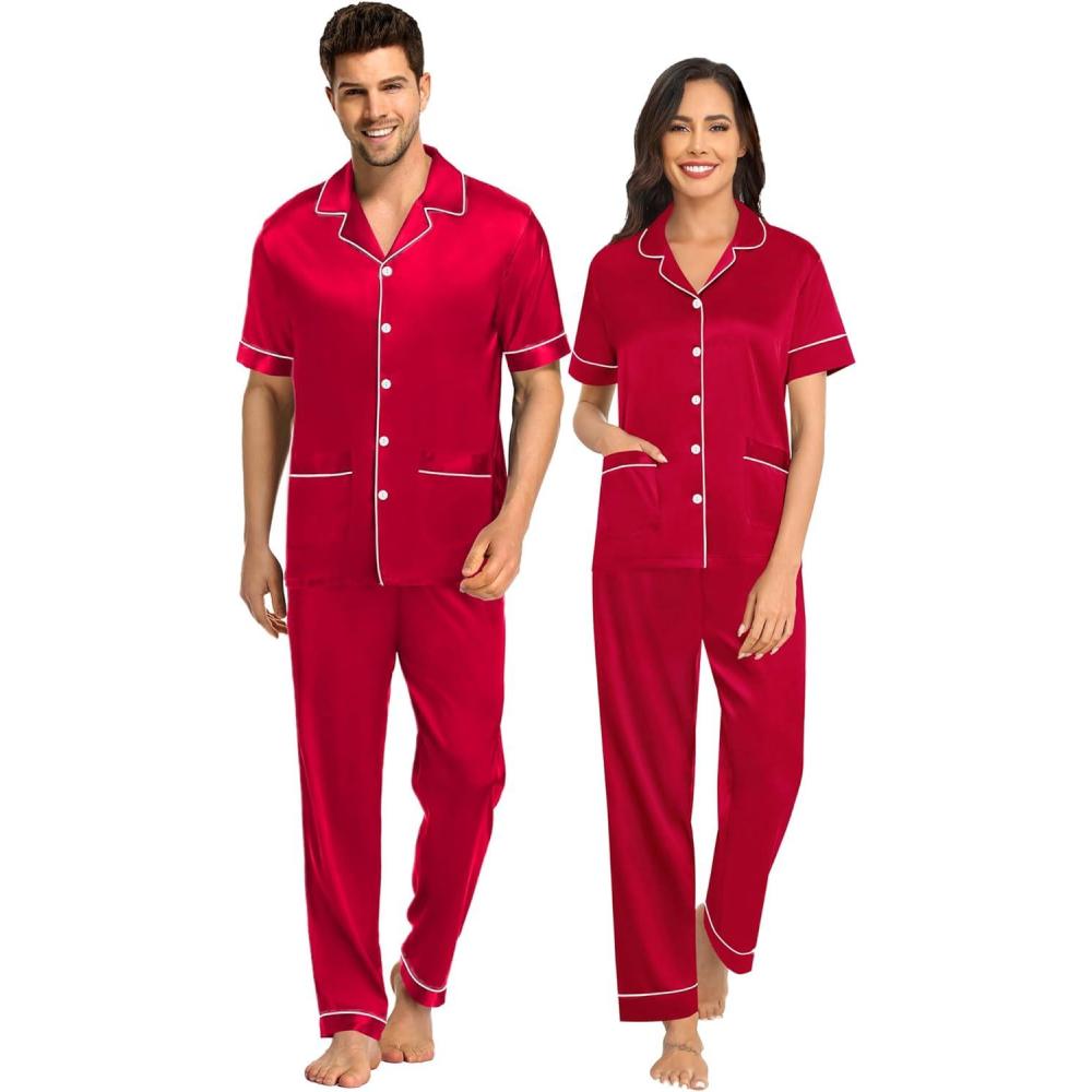 imageSWOMOG Couples Pajamas Sets Women amp Men Satin Short Sleeve Sleepwear Button Down Loungewear Pjs Set with Long PantsZ Red 2 Pockets
