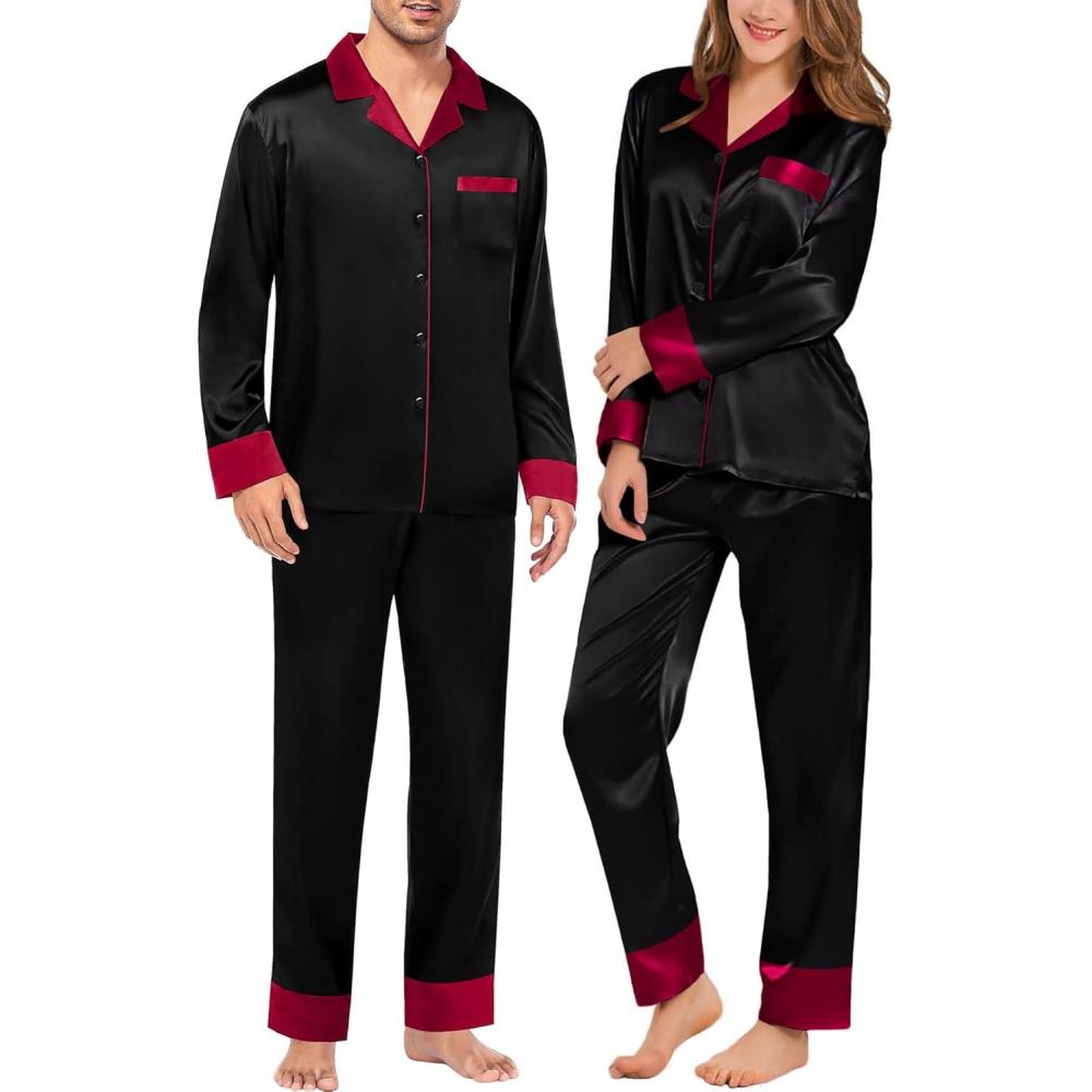 imageSWOMOG Couples Satin Pajama Set Women amp Men Long Sleeve Sleepwear Button Down Loungewear Silky Pj Set with Long PantsContrasting Black