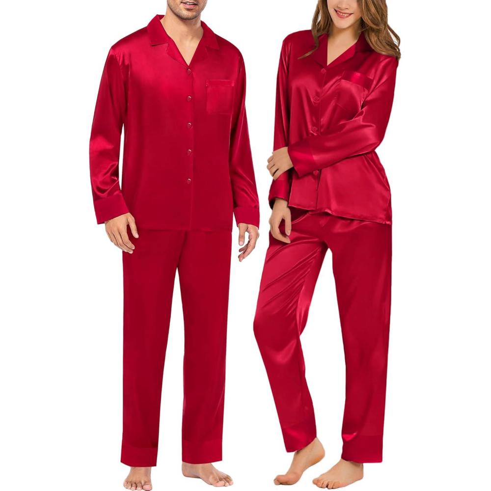 imageSWOMOG Couples Satin Pajama Set Women amp Men Long Sleeve Sleepwear Button Down Loungewear Silky Pj Set with Long PantsPure Red
