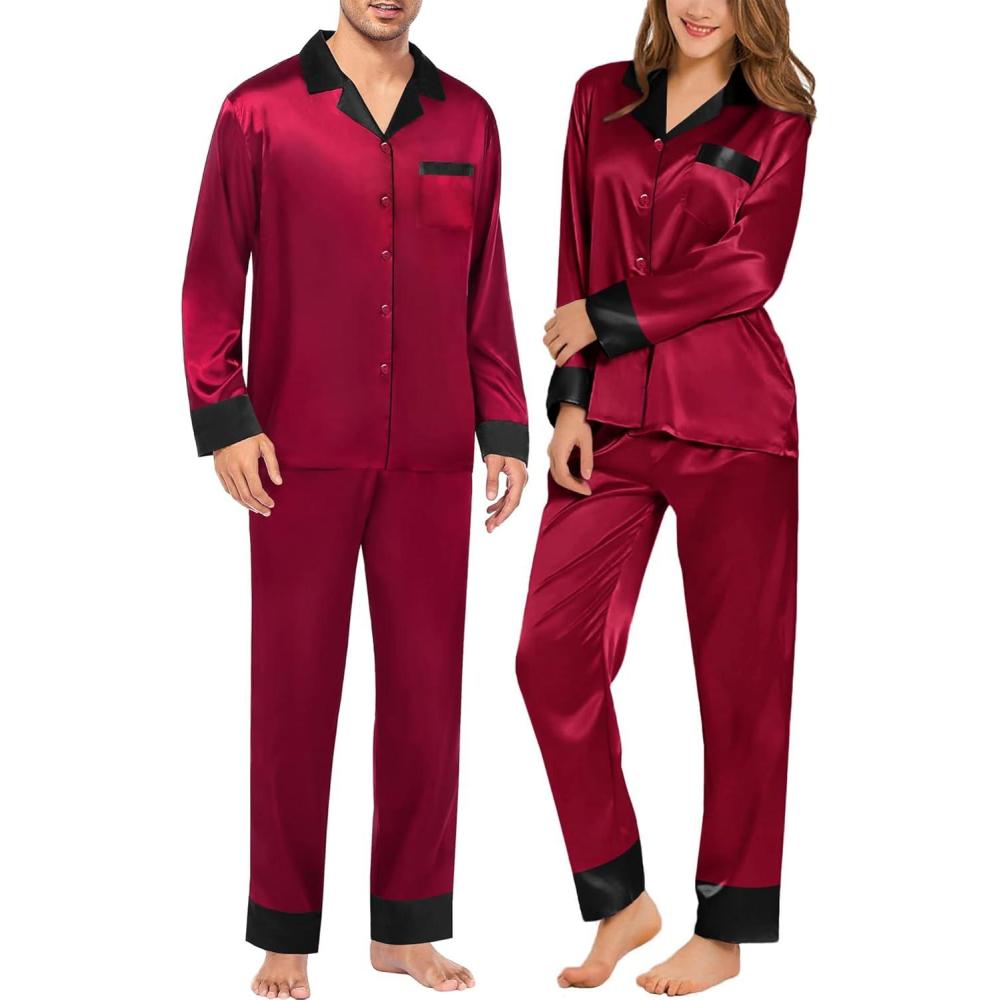 imageSWOMOG Couples Satin Pajama Set Women amp Men Long Sleeve Sleepwear Button Down Loungewear Silky Pj Set with Long PantsWine Red