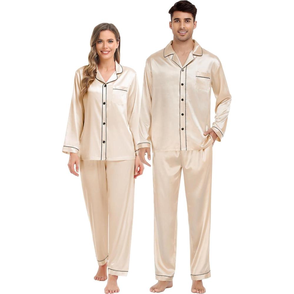 imageSWOMOG Couples Satin Pajama Set Women amp Men Long Sleeve Sleepwear Button Down Loungewear Silky Pj Set with Long PantsZ Double Piping Champagne