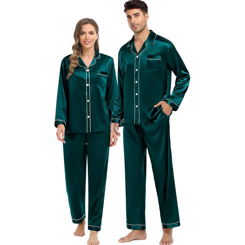 imageSWOMOG Couples Satin Pajama Set Women amp Men Long Sleeve Sleepwear Button Down Loungewear Silky Pj Set with Long PantsZ  Double Piping  Deep Green