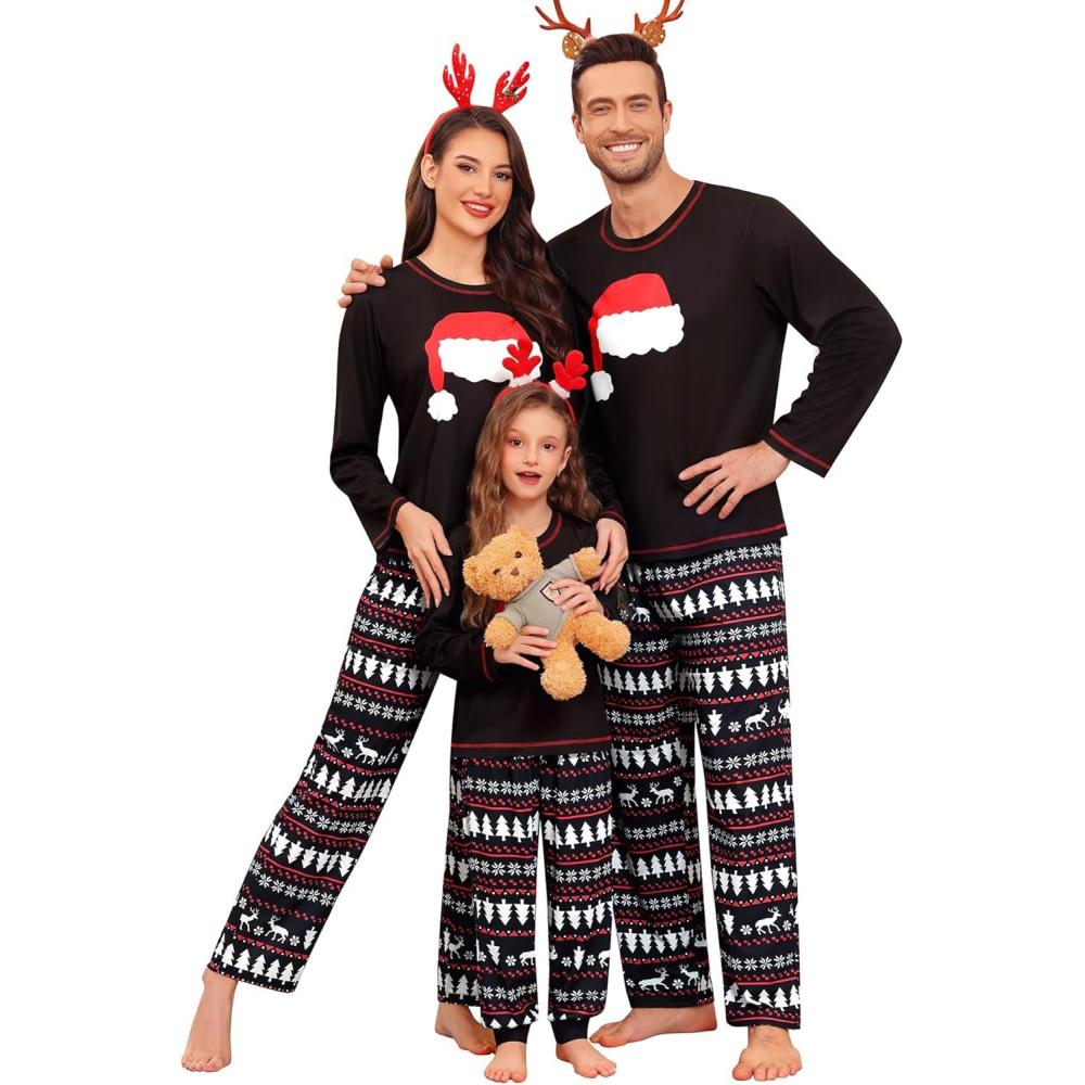 imageSWOMOG Family Christmas Pajamas Set Party Holiday Sleepwear Long Sleeve ButtonDown Loungewear SetBlack Christmas Hatpullover