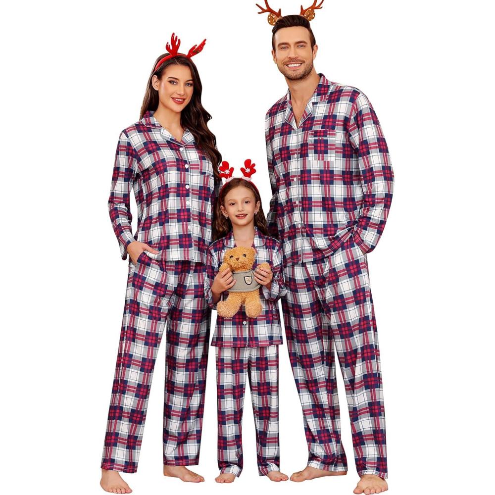 imageSWOMOG Family Christmas Pajamas Set Party Holiday Sleepwear Long Sleeve ButtonDown Loungewear SetNavy With Red Grid