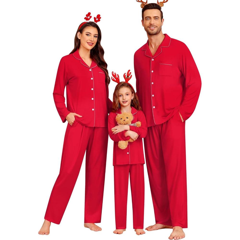 imageSWOMOG Family Christmas Pajamas Set Party Holiday Sleepwear Long Sleeve ButtonDown Loungewear SetRed