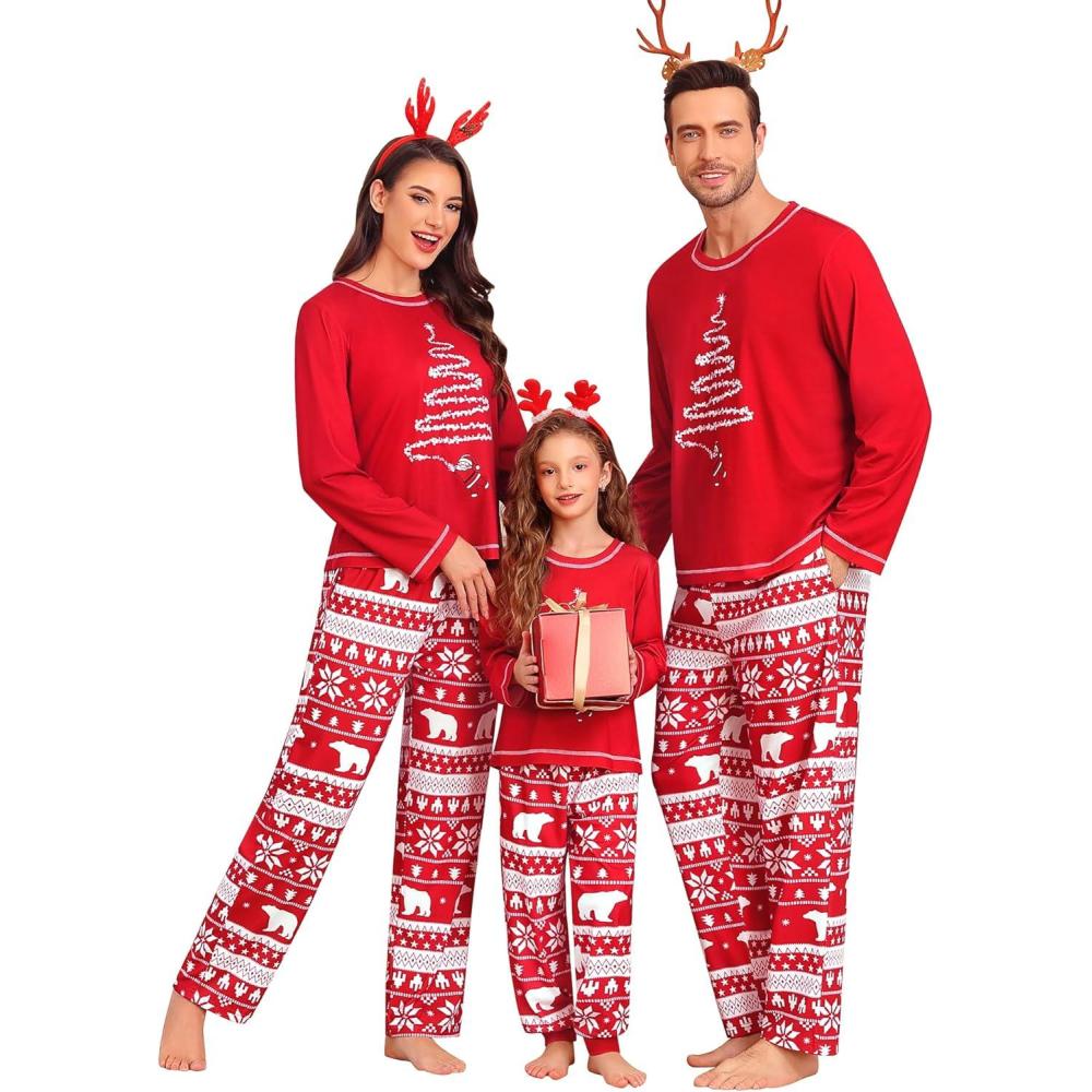 imageSWOMOG Family Christmas Pajamas Set Party Holiday Sleepwear Long Sleeve ButtonDown Loungewear SetRed Christmas Treepullover
