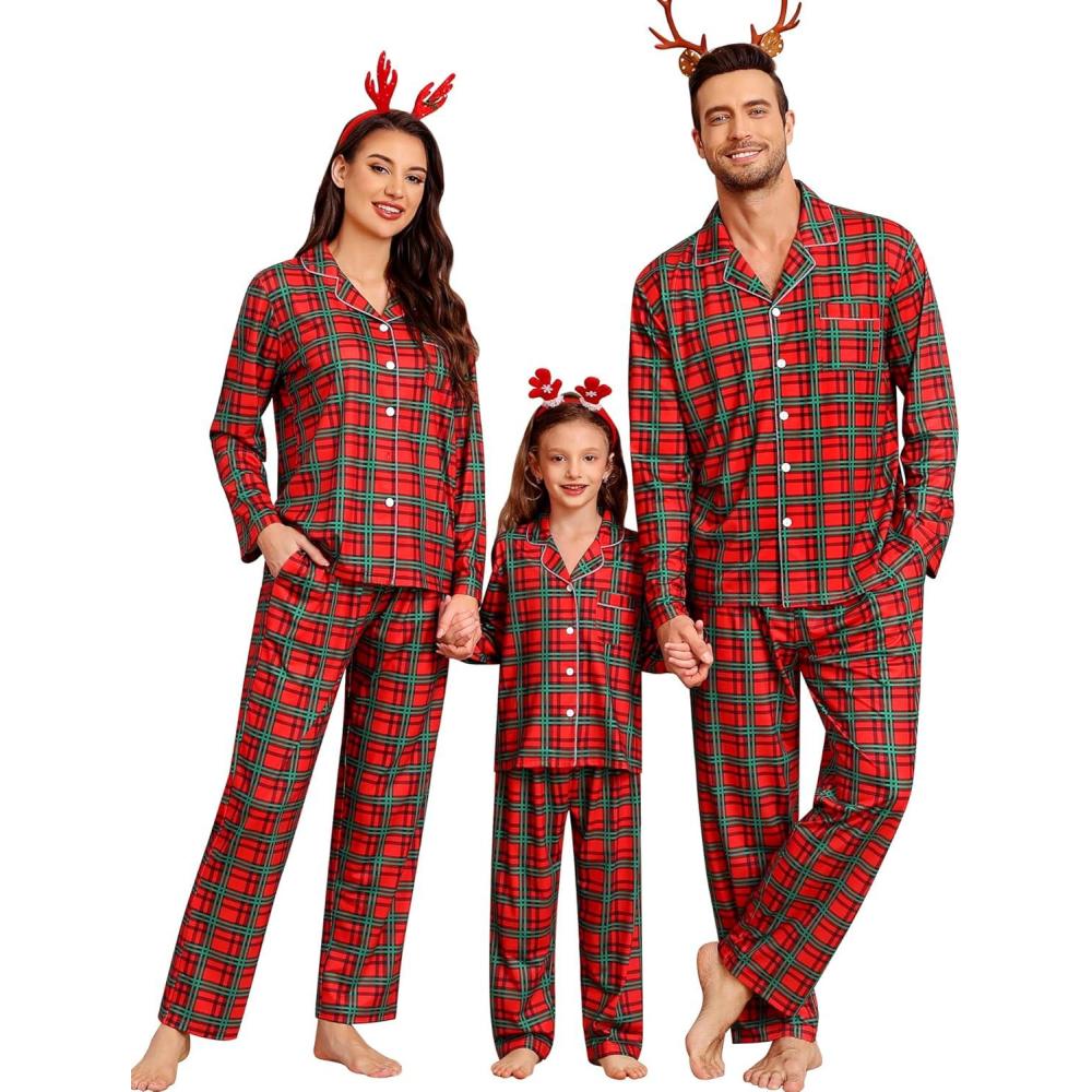 imageSWOMOG Family Christmas Pajamas Set Party Holiday Sleepwear Long Sleeve ButtonDown Loungewear SetRed Green Grid