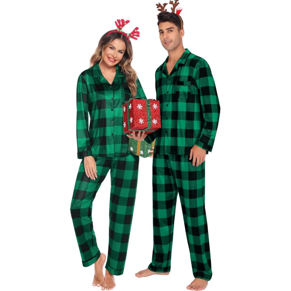 imageSWOMOG Family Christmas Pajamas Set Women amp Men Long Sleeve Pj Set Party Sleepwear ButtonDown Loungewear SetBig Green With Black Grid