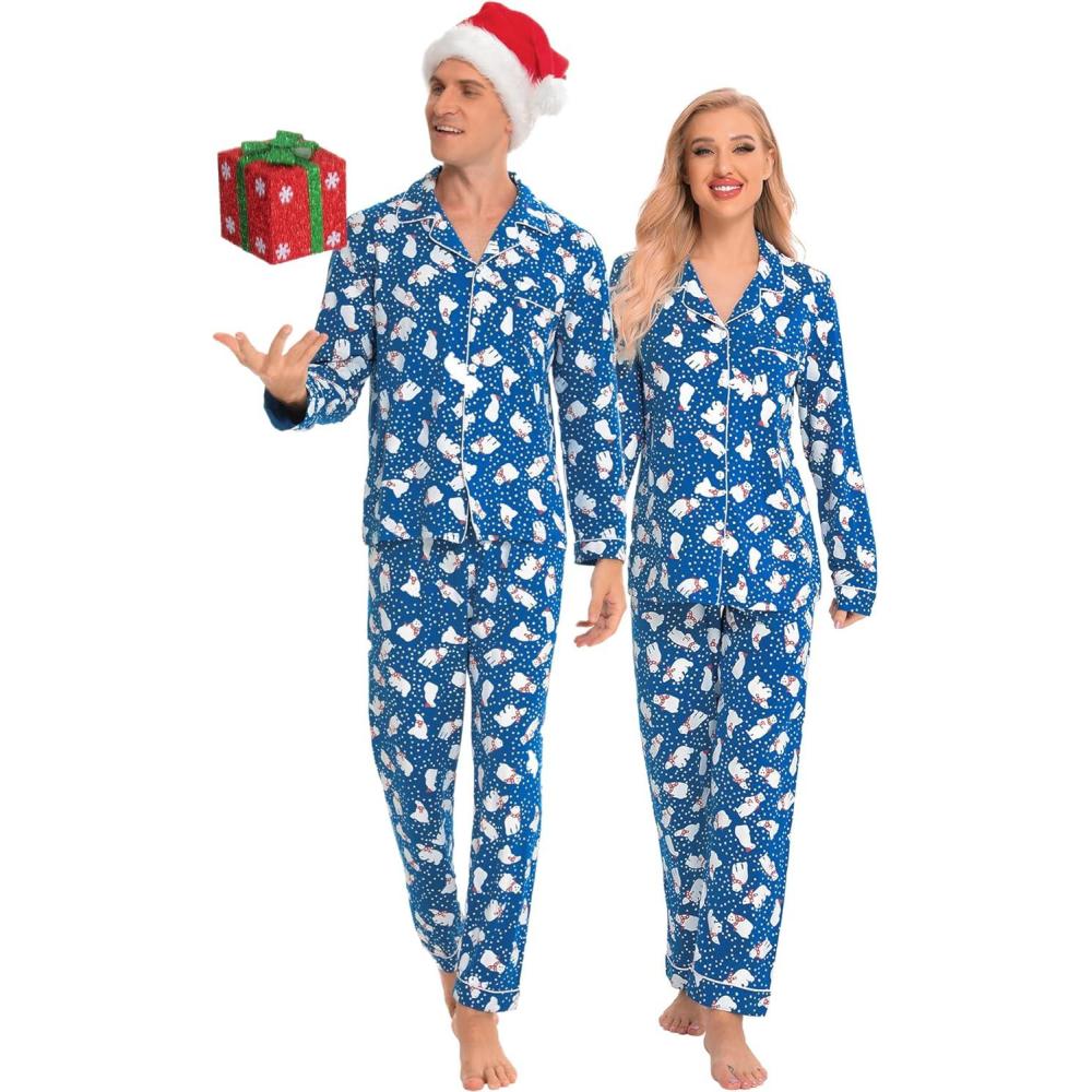 imageSWOMOG Family Christmas Pajamas Set Women amp Men Long Sleeve Pj Set Party Sleepwear ButtonDown Loungewear SetBlue With Polar Bear