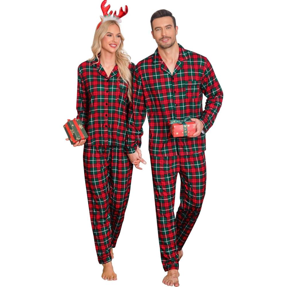 imageSWOMOG Family Christmas Pajamas Set Women amp Men Long Sleeve Pj Set Party Sleepwear ButtonDown Loungewear SetGreen Grid